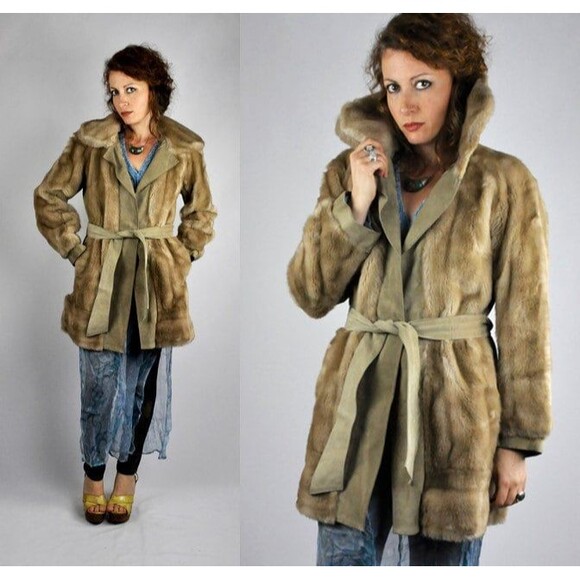 LILLI ANN Faux Fur & Leather Coat Jacket Pockets Belted Coat - Almost Famous S M - Picture 1 of 5